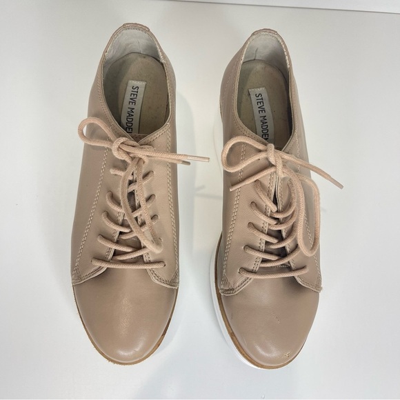 Steve Madden Women’s 8 Kimber Platform Wedge Oxfords Nude Brown Leather Shoes - Picture 3 of 11